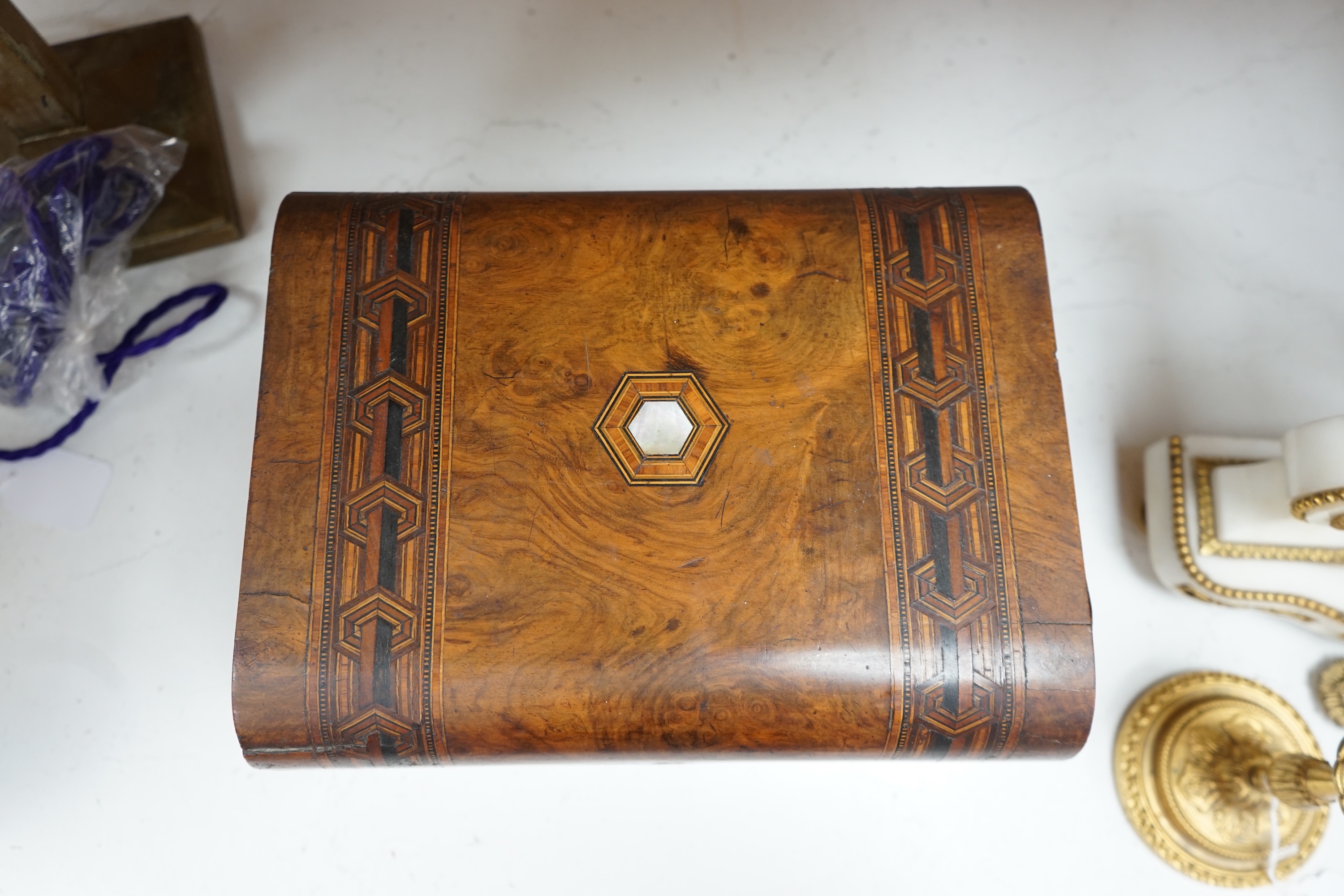 A late 19th century inlaid walnut writing slope, 30.5cm wide. Condition - fair.